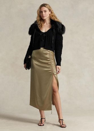 Olive Γυναικείες φούστες Ralph Lauren Ruched με λεπτομέρεια σατέν