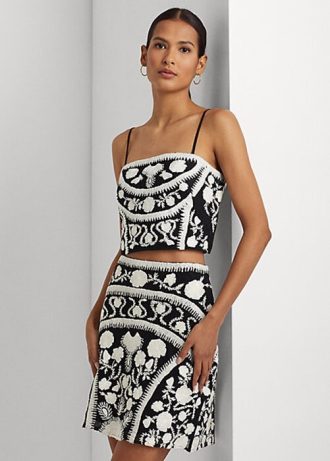 Ασπρόμαυρα γυναικεία μπλουζάκια Ralph Lauren με κεντημένα κομμένα αμάνικα μπλουζάκια