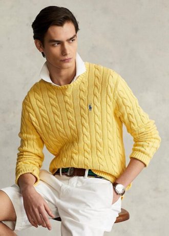 Κίτρινο ανδρικό βαμβακερό πουλόβερ Ralph Lauren πλεκτό με καλώδιο