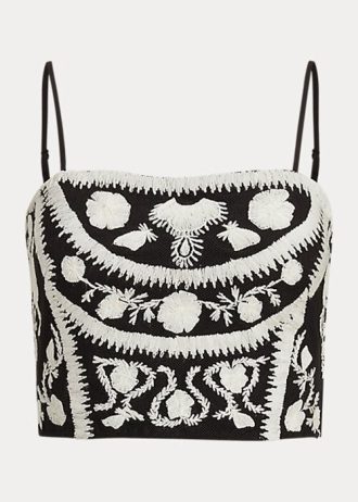 Ασπρόμαυρα γυναικεία μπλουζάκια Ralph Lauren με κεντημένα κομμένα αμάνικα μπλουζάκια