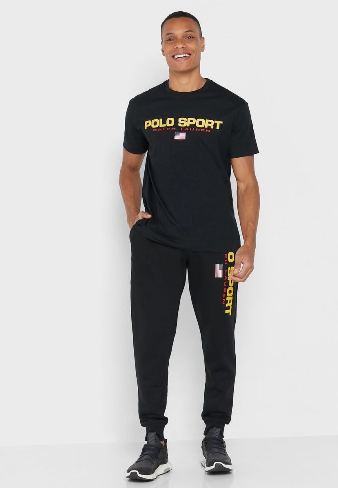 Μαύρα ανδρικά μπλουζάκια με λαιμόκοψη με λογότυπο Ralph Lauren