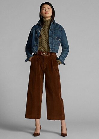 Καφέ γυναικείο παντελόνι Ralph Lauren Cropped Corduroy με φαρδύ πόδι