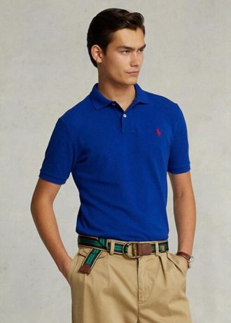 Μπλε ανδρικά μπλουζάκια πόλο Ralph Lauren Custom Slim Fit Mesh
