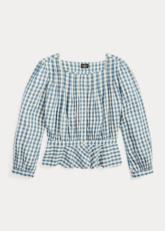 Κρεμ / Μπλε γυναικεία μπλουζάκια Ralph Lauren Gingham Voile Peplum