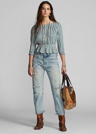 Κρεμ / Μπλε γυναικεία μπλουζάκια Ralph Lauren Gingham Voile Peplum