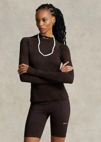 Καφέ γυναικεία μπλουζάκια με λογότυπο Ralph Lauren με μακρυμάνικο μπλουζάκι Mockneck