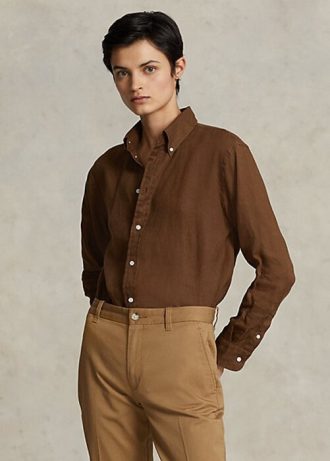 Καφέ γυναικεία λινά πουκάμισα Ralph Lauren Relaxed Fit