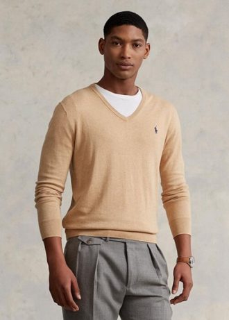 Καφέ ανδρικά πουλόβερ Ralph Lauren Slim Fit με υφή από βαμβακερά πουλόβερ