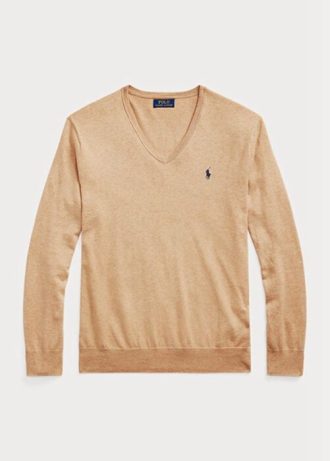 Καφέ ανδρικά πουλόβερ Ralph Lauren Slim Fit με υφή από βαμβακερά πουλόβερ